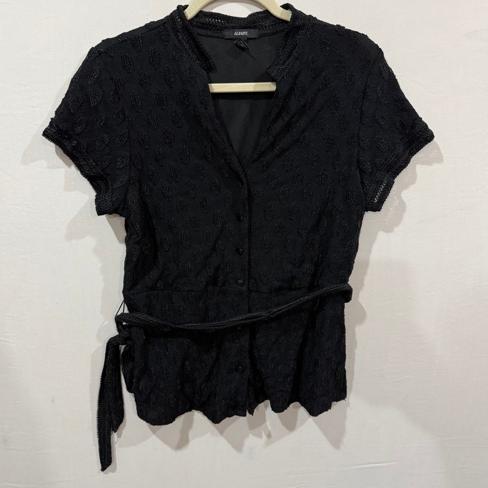 Alfani Black Textured Short Sleeve Button Front Belted Blouse XL